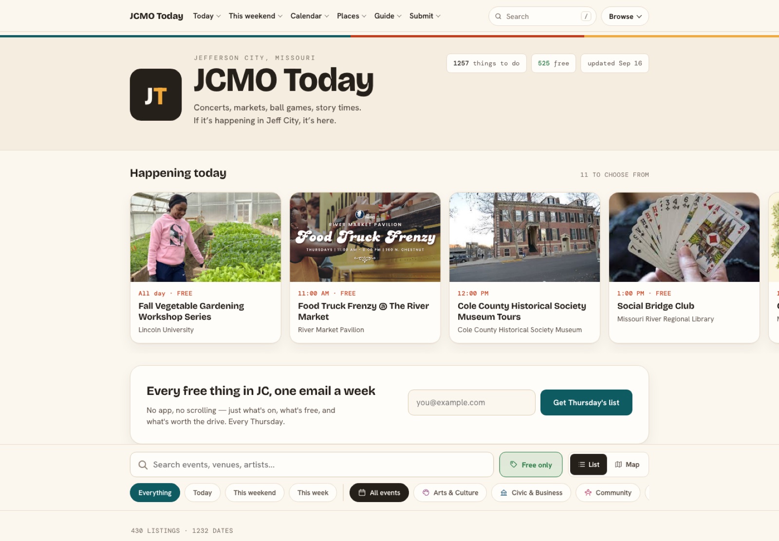 The JCMO Today homepage: 1,257 things to do, 525 of them free, updated September 16, with today's events in a row of cards.